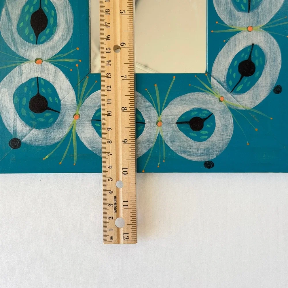 Vintage Hand Painted Square Mirror 12x12 Laurie Conklin Blue Folk Art Abstract